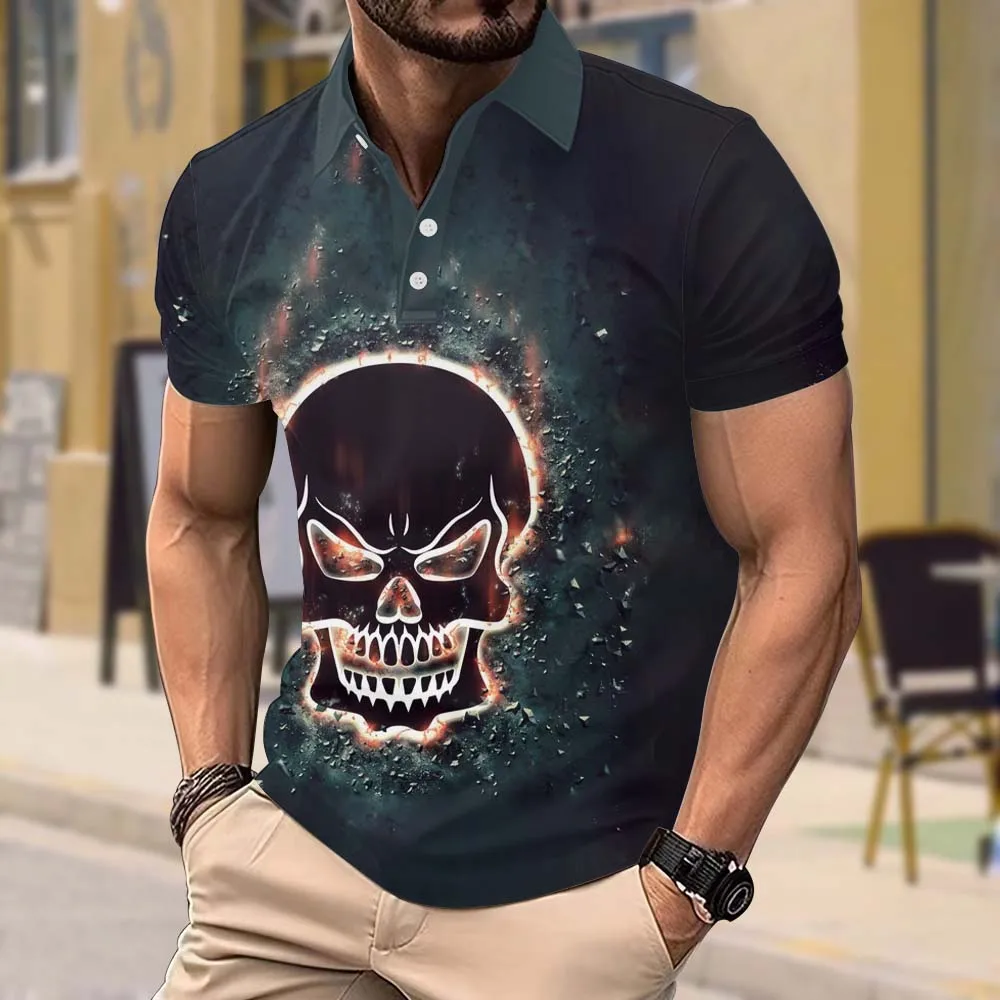 Harajuku Street Men's Polo Shirts Luxury Designer Skull Print Short-sleeved T-shirts New Summer Loose Breathable Men's Clothing