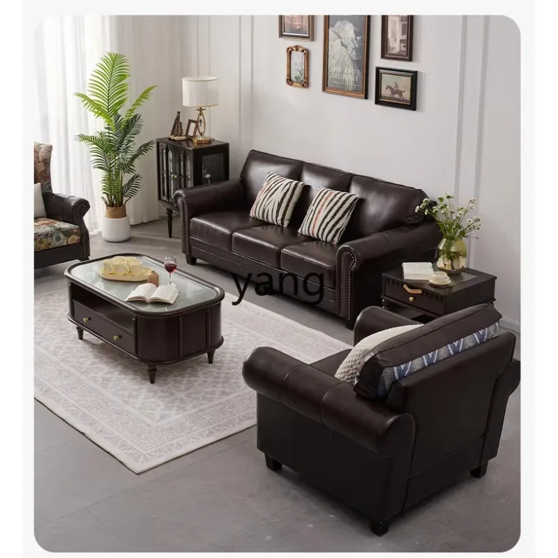 LTT French light luxury top-layer cowhide sofa simple American retro three-seater sofa combination