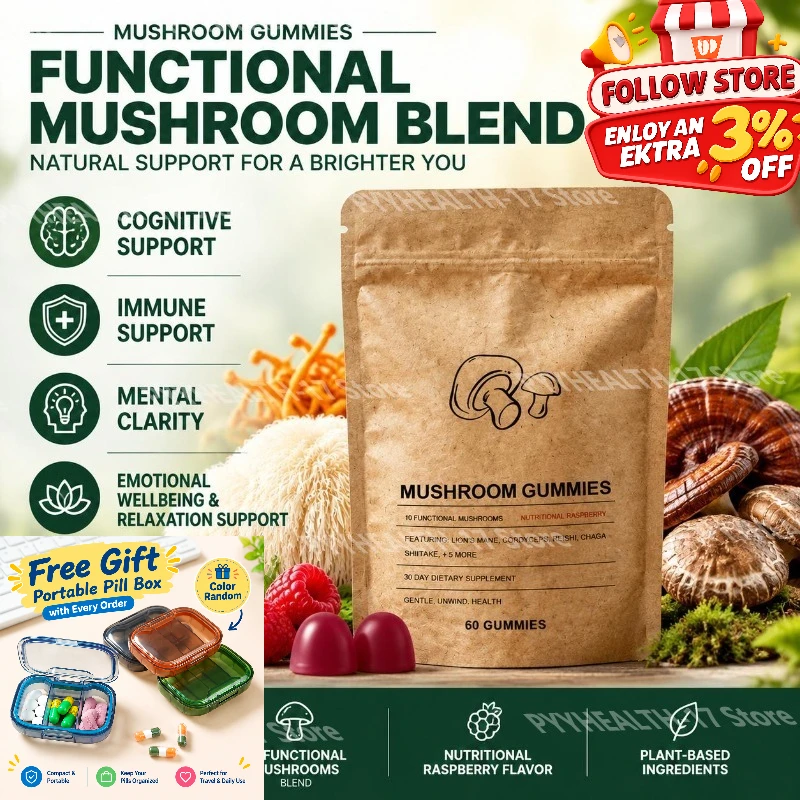 Mushroom Gummies for Brain and Cognitive Support and Immune Support with Lion's Mane, Cordyceps, and Reishi Extracts 60 Gummies
