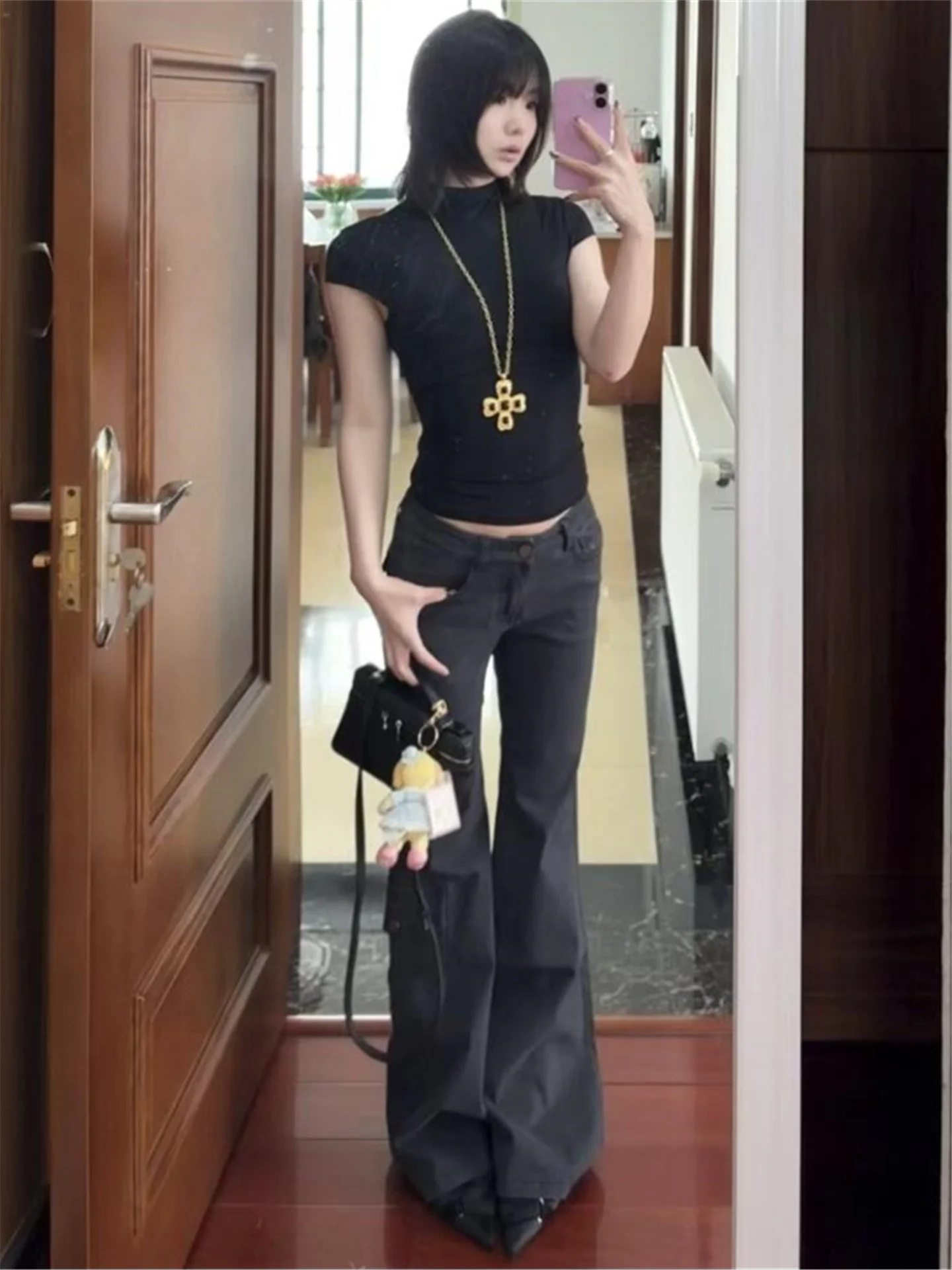 

Американские ретро-джинсы с низкой посадкой, женские, утягивающие, с множеством карманов, удлиненные, слегка расклешенные, повседневные брюки