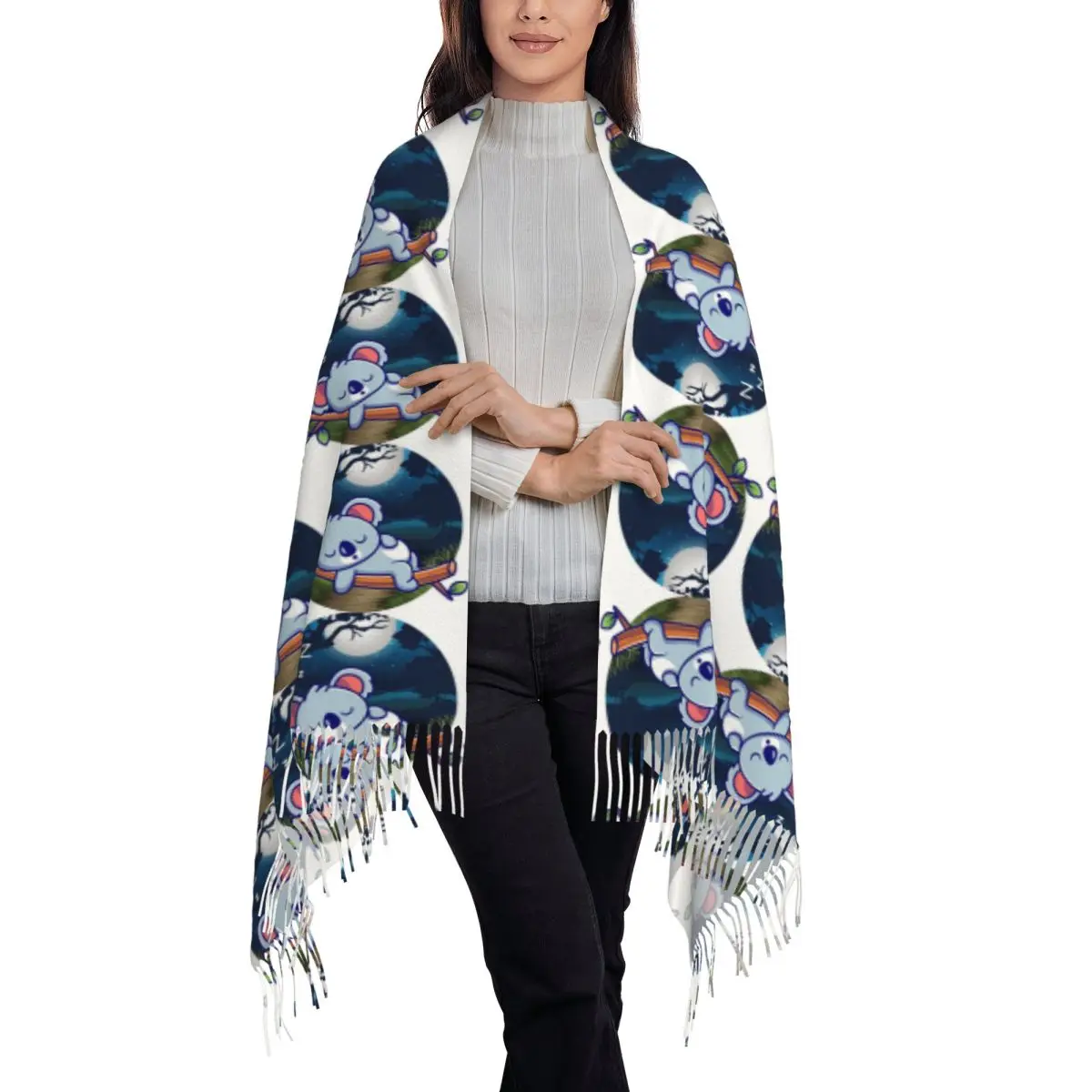 Cute Baby Koala Sleeping Good Night Scarf Tassel Scarves for Women Soft Warm Shawls and Wraps Long Fall Winter Shawl Wrap