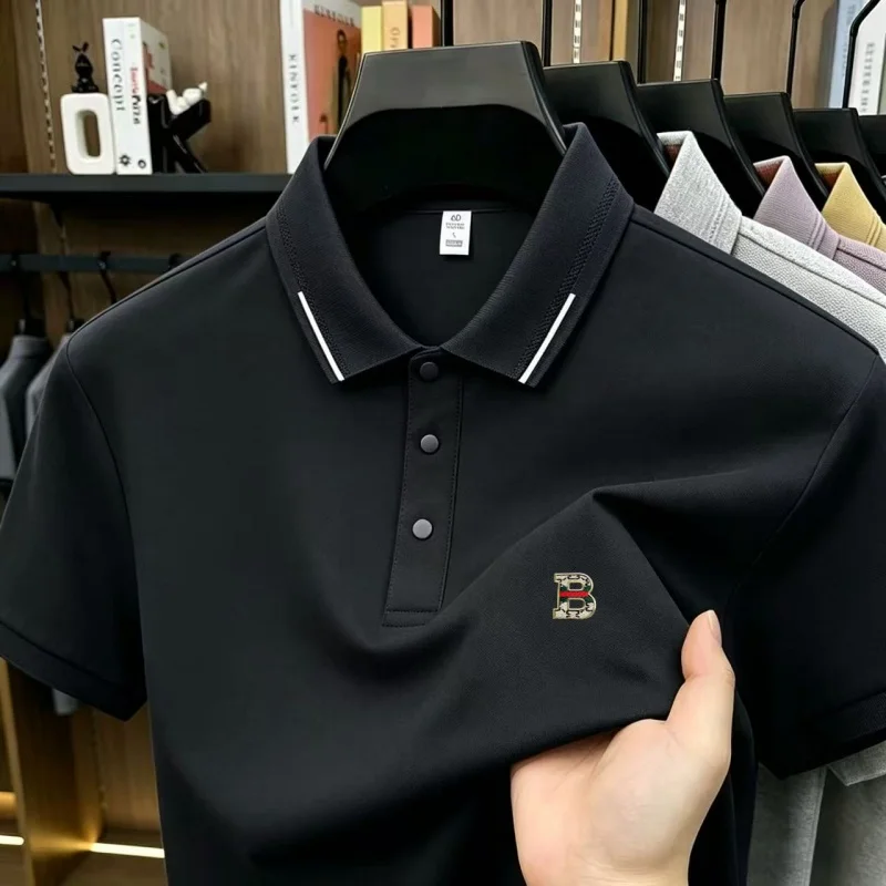 High end fashion summer classic letter badge style breathable lapel short sleeve polo shirt business casual comfortable mens top