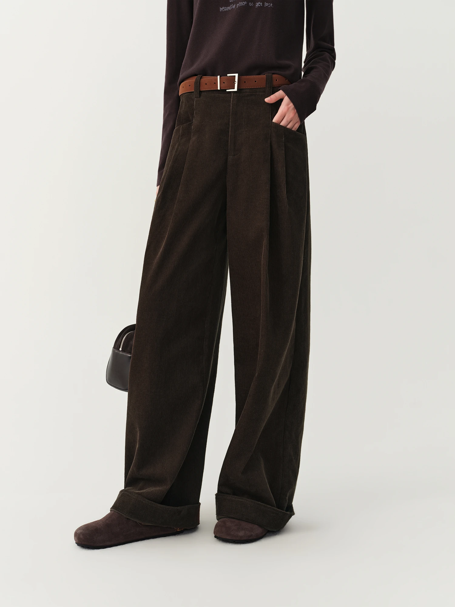 FSLE 100% Cotton Casual Straight Pants Natural Waist Cuffed Hem Design Non-Stretch Trousers Elegant Fall Winter Daily Wear Women