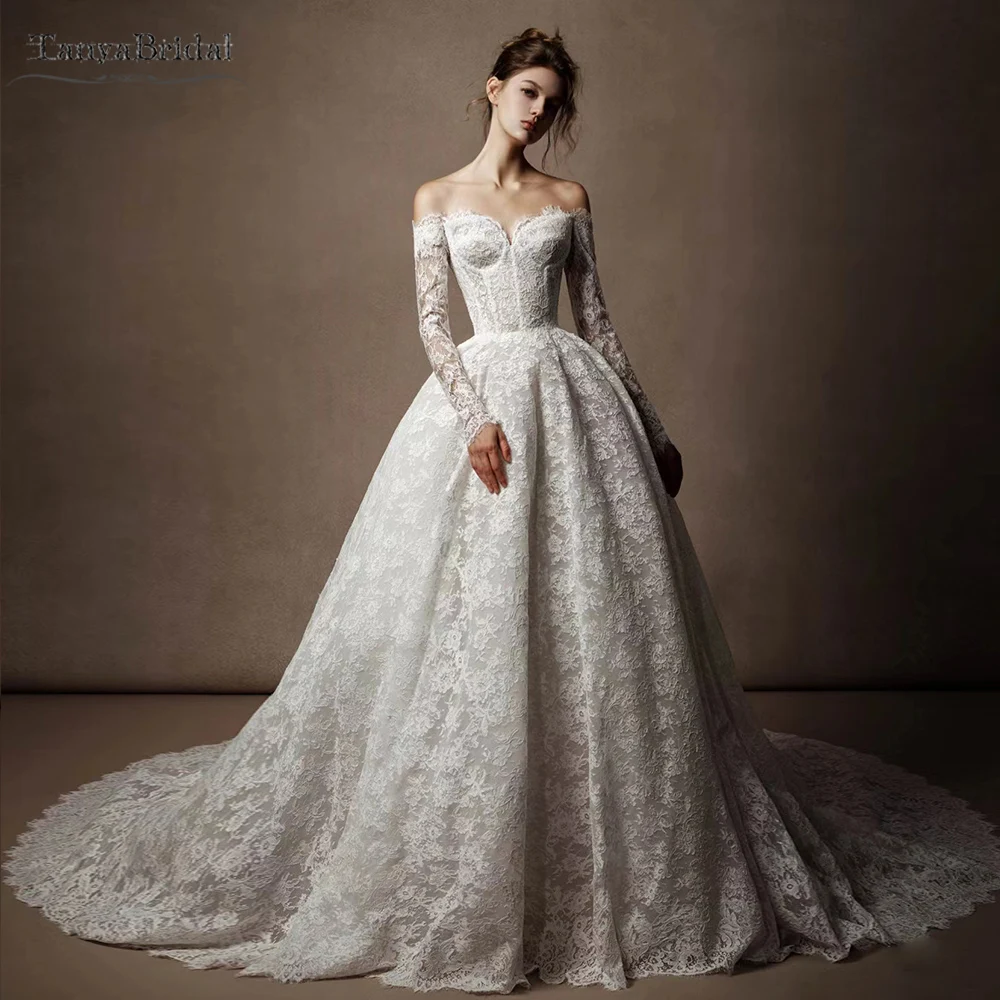 Full Sleeve ,Sweetheart Lace Wedding Dress ,A Line Luxury Bridal Gowns With Train ,Bohemian Noivas Chic  DW971