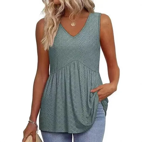 Summer Women's Printed Pleated Vest T-Shirt Cross-Border Fashion Polyester Fabric 3D Effect Outerwear without Chest Pad