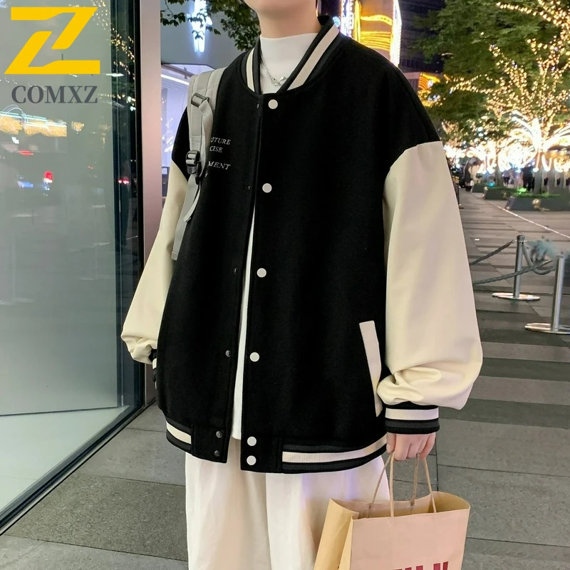 COMXZ Autumn Mens Jacket Trendy High Street Baseball Jacket Loose Fit Versatile Coat Minimalist Embroidery Casual Outerwear​