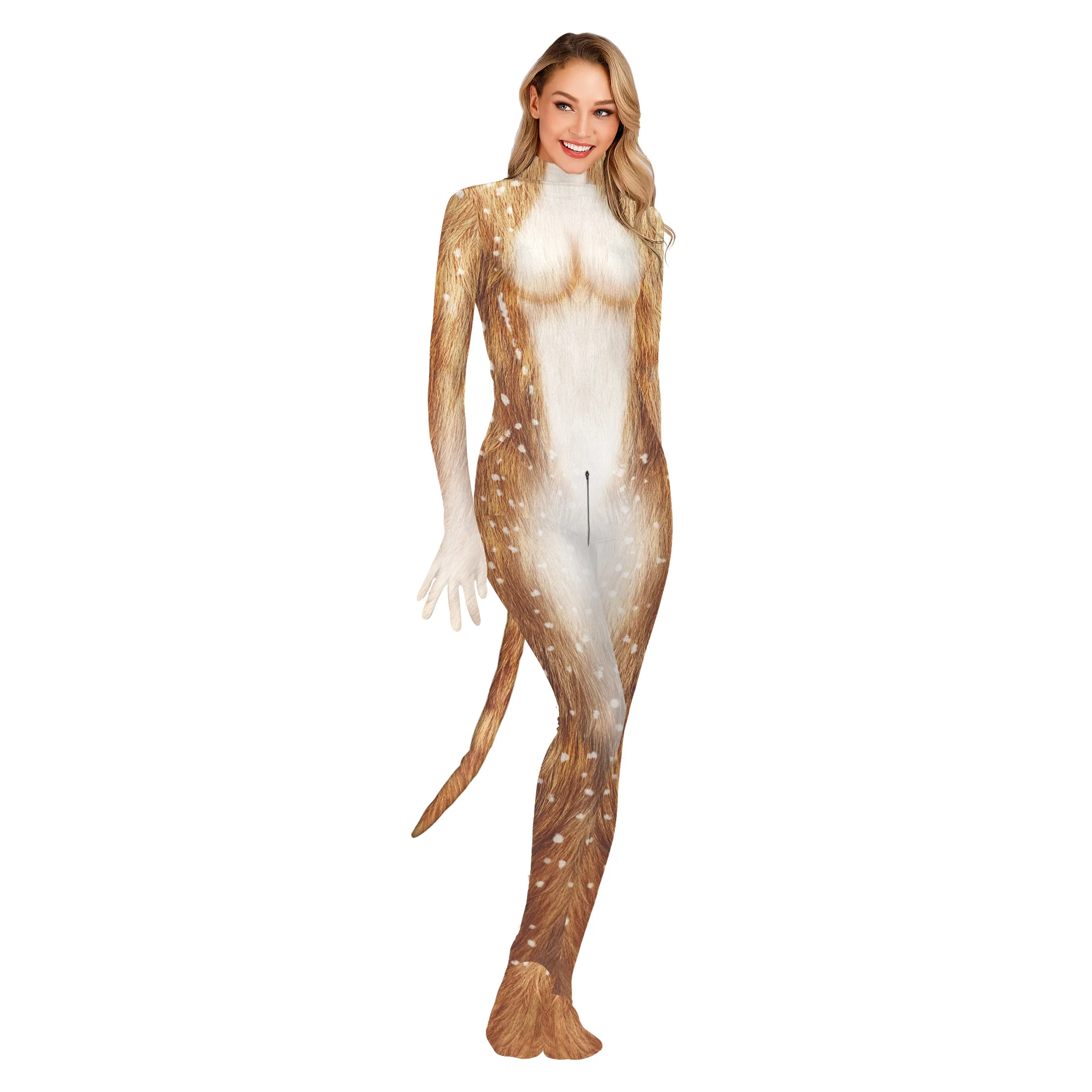 Halloween Party Animal Print Cosplay Costume Woman Sexy Holiday Party Bodysuit Stage Carnival Disguise with Tail Jumpsuit