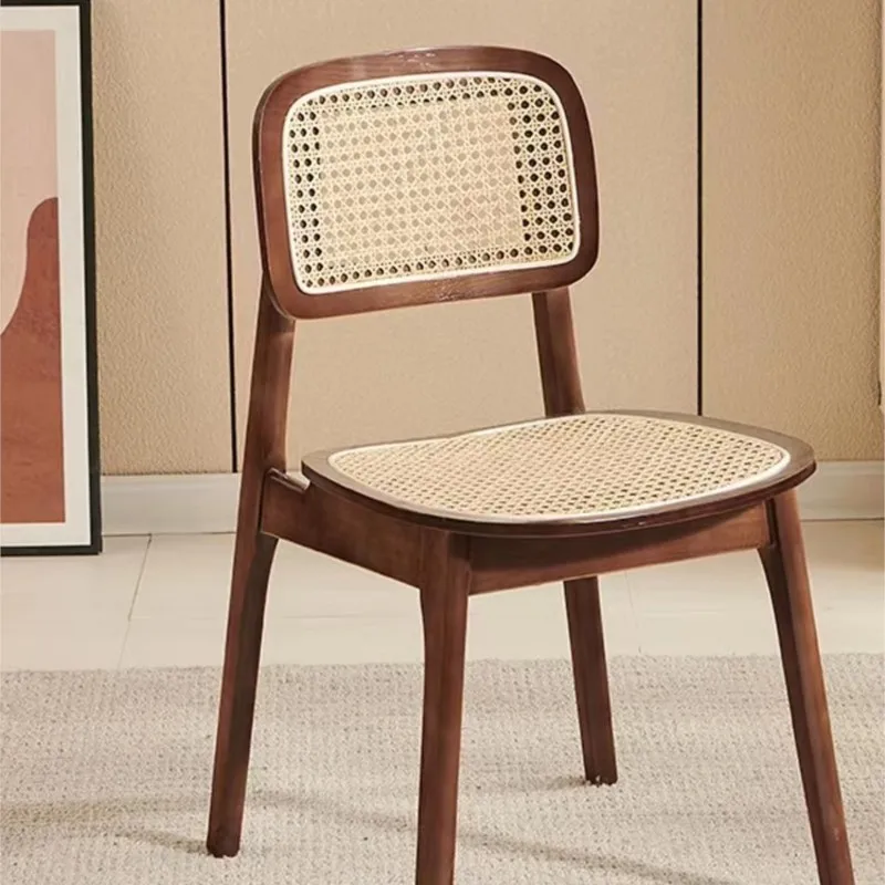 IHOME Solid Wood Dining Chair Scandinavian Rattan Woven Chair Changdigar Table Stool Household Back Chair French Retro Furniture