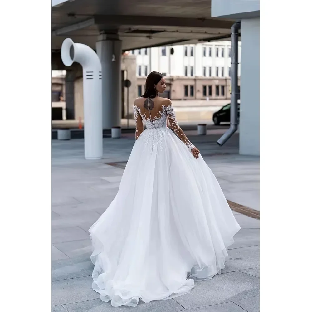

Customzie Elegant Square Neck Wedding Dress Lace Appliques Beaded Long Sleeve Bridal Gown A-Line Floor-Length Bride Dress