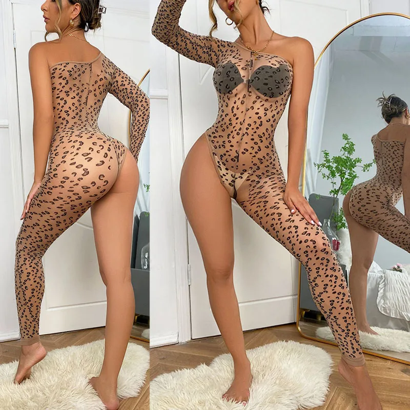 Fishnet Bodysuit Sexy Lingerie Women Full Bodystockings Sexy Leopard Print Costume Crotchless Tights Porn Sex Set Erotic Clothes