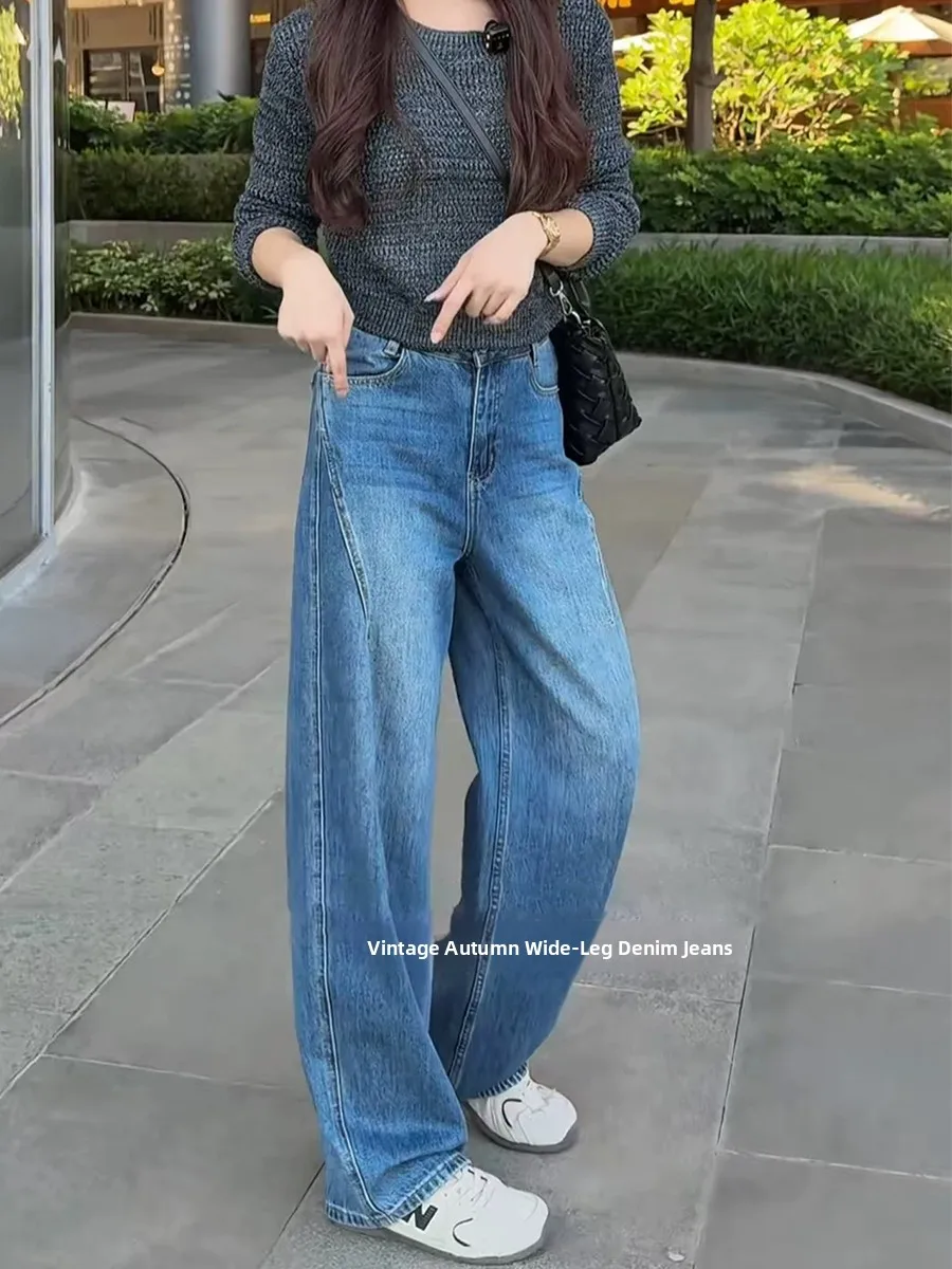 

Синие джинсы больших размеров с высокой талией, женские осенние свободные широкие брюки, прямые утягивающие брюки для грушевого тела