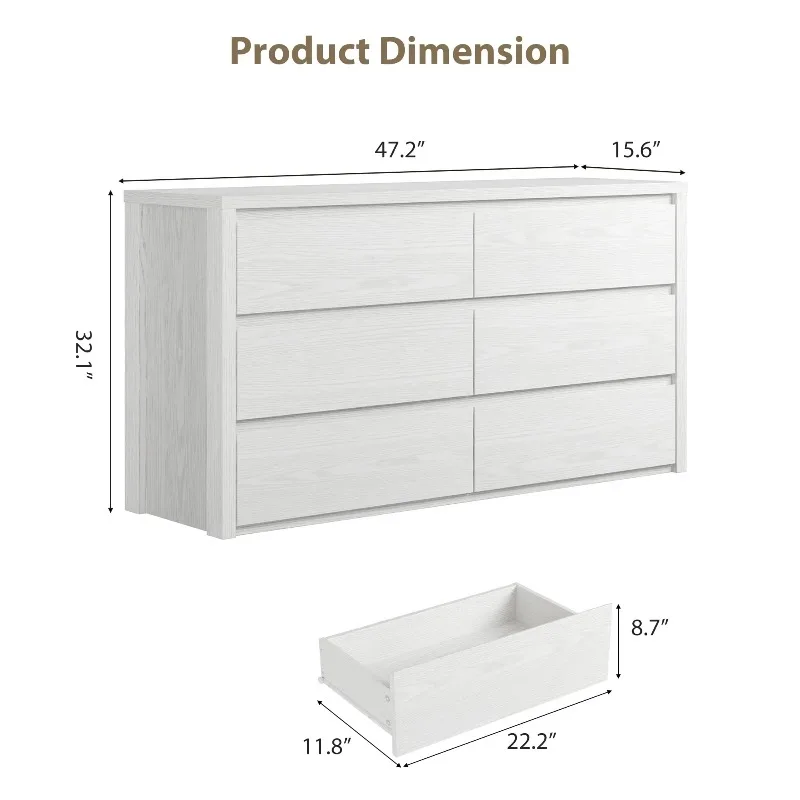 Farmhouse 6 Dresser, Anti-Tip Wooden Storage Cabinet With Drawers  For Bedroom, Living Room & Hallway