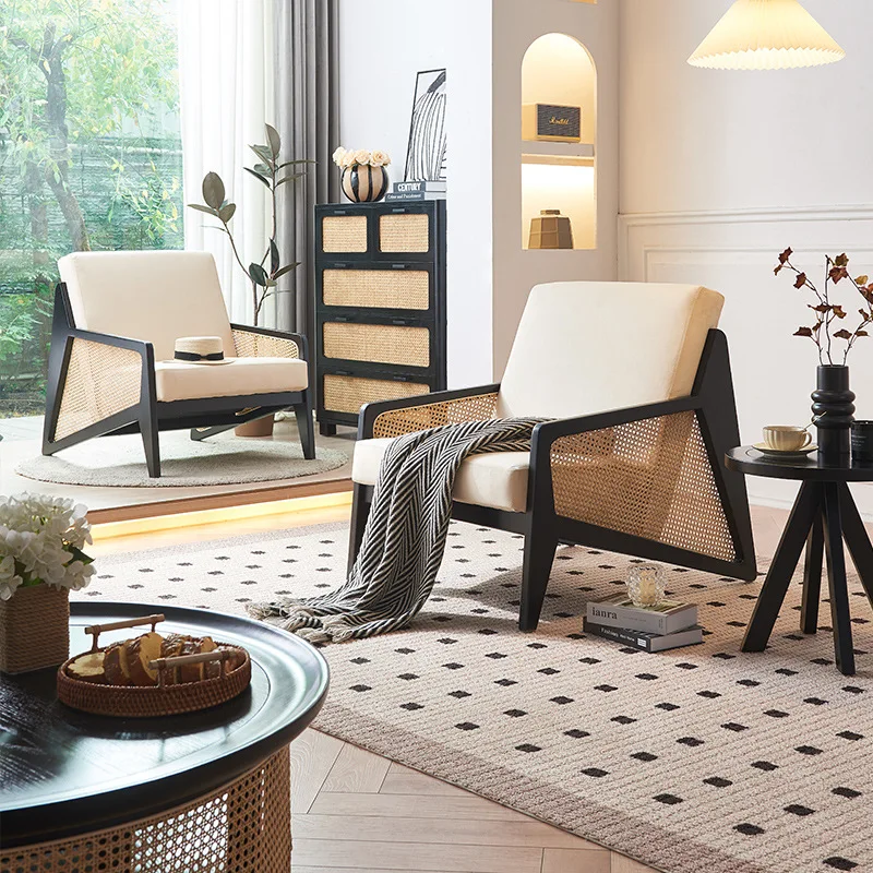 Negotiator three-piece Nordic rattan solid wood sofa chair living room simple black high-grade ash wood leisure chair