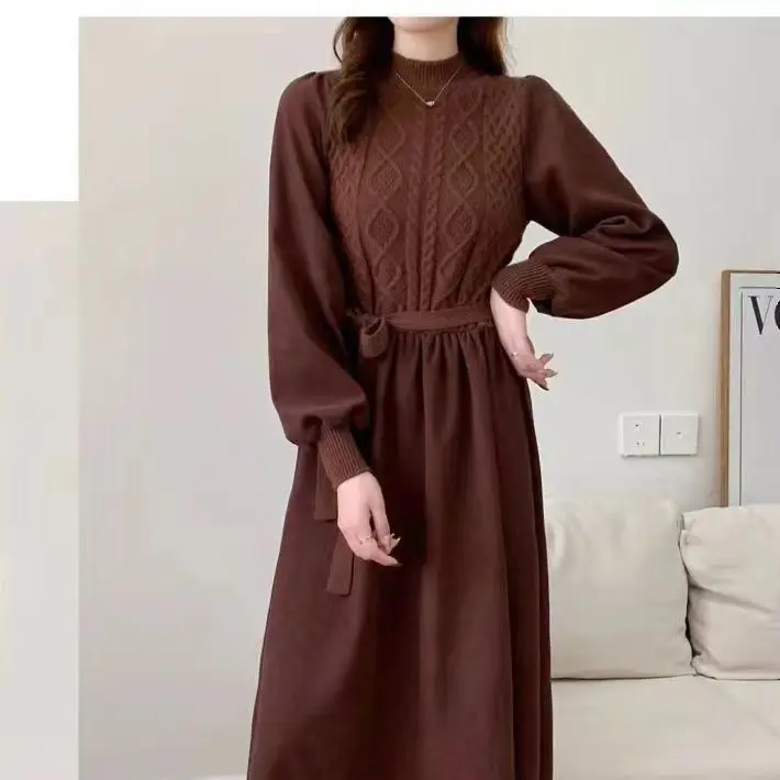 여성 패션 니트웨어 여성 의류 봄 가을 긴팔 A라인 풀오버 드레스 여성 니트 스웨터