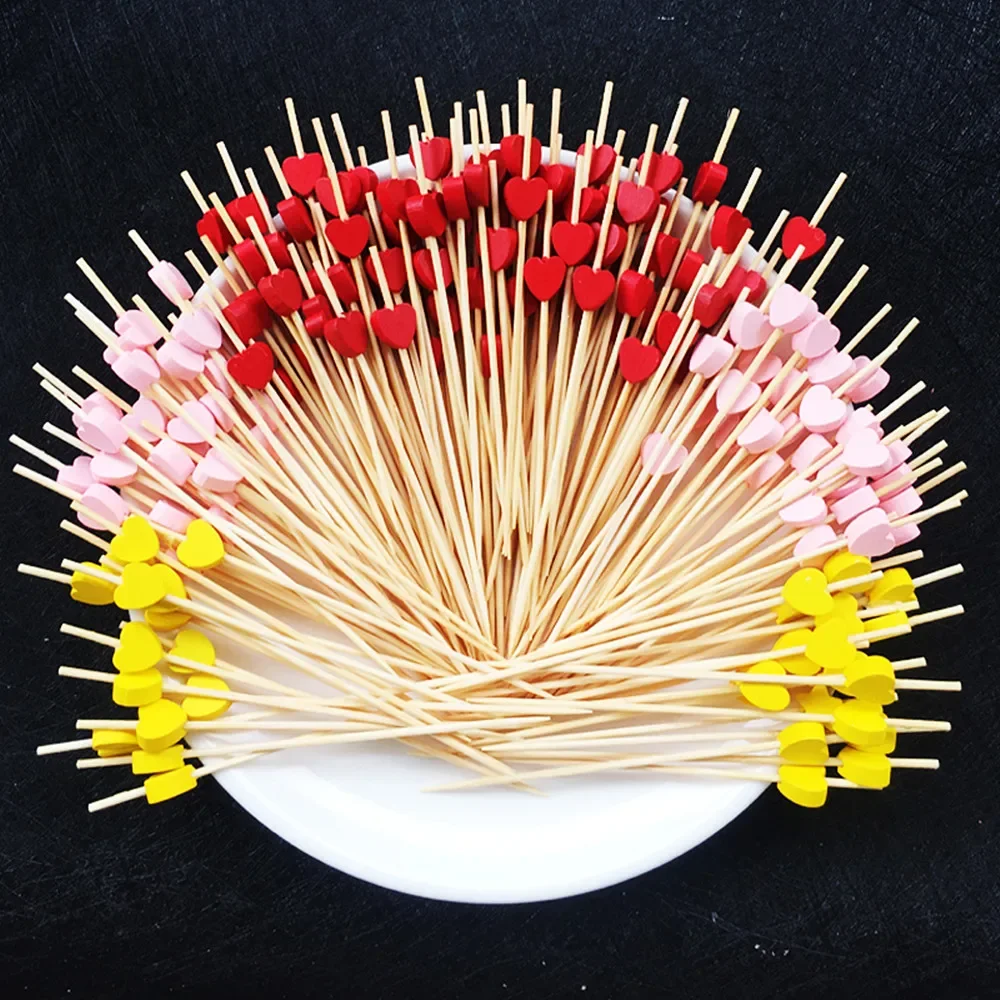 100pcs 12cm Heart Flower Bamboo Pick Buffet Cupcake Fruit Fork Party Dessert Salad Stick Cocktail Skewer for Wedding Decor