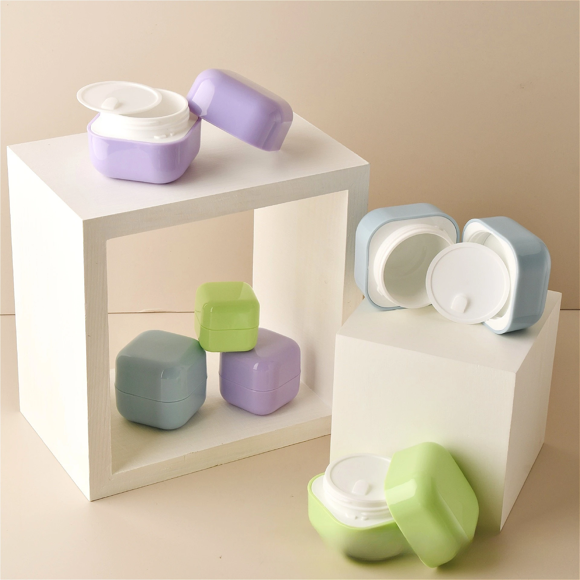 5g-50g PP Square Cream Jar, Refillable Plastic Lotion Container with Rounded Inner Layer & Double-Wall Design