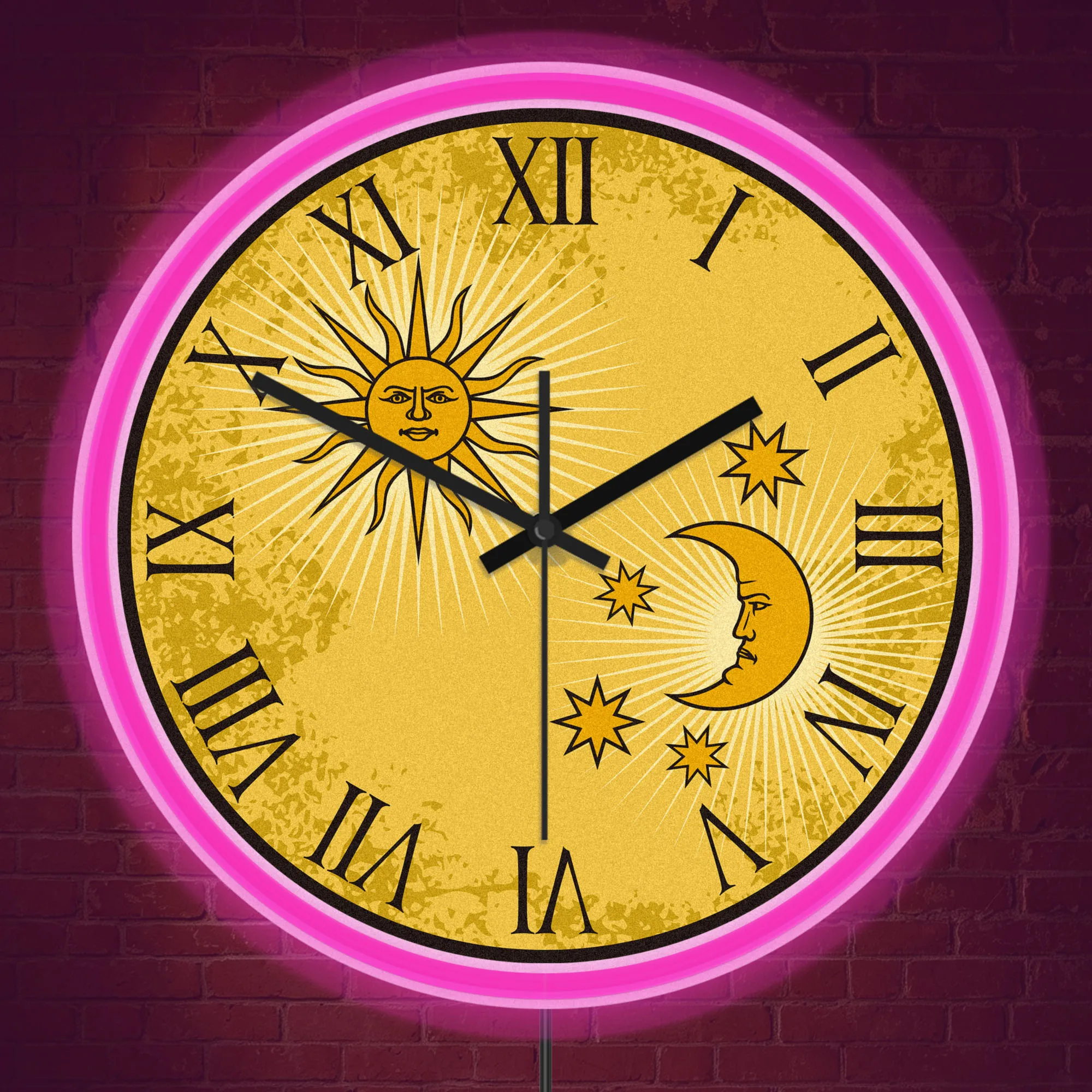 Vintage Celestial Sun Moon Star LED Night Light Wall Clock Antique Astrology Solar Lunar Home Decor Illuminated Neon Wall Clock