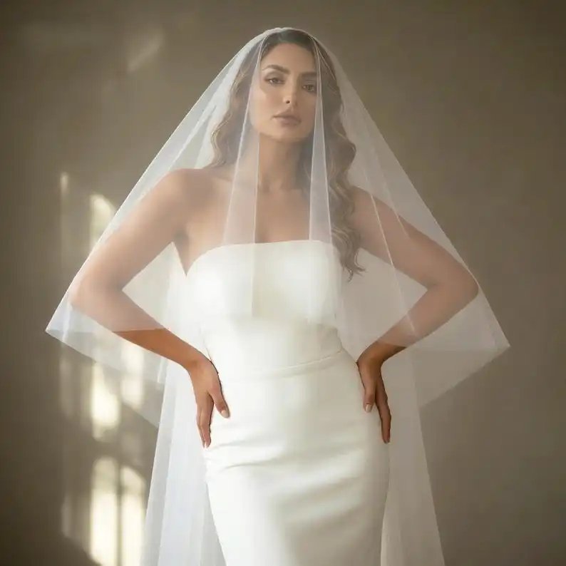 Two Tier Wedding Veil with Blusher Plain Bridal Veil Fingertip Length Cathedral Wedding Dress Accessories Custom Length