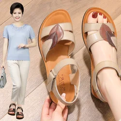 female summer shoes women's leather non slip soft sole comfortable flat sandals mother walking shoes women beach shoes Plus Size