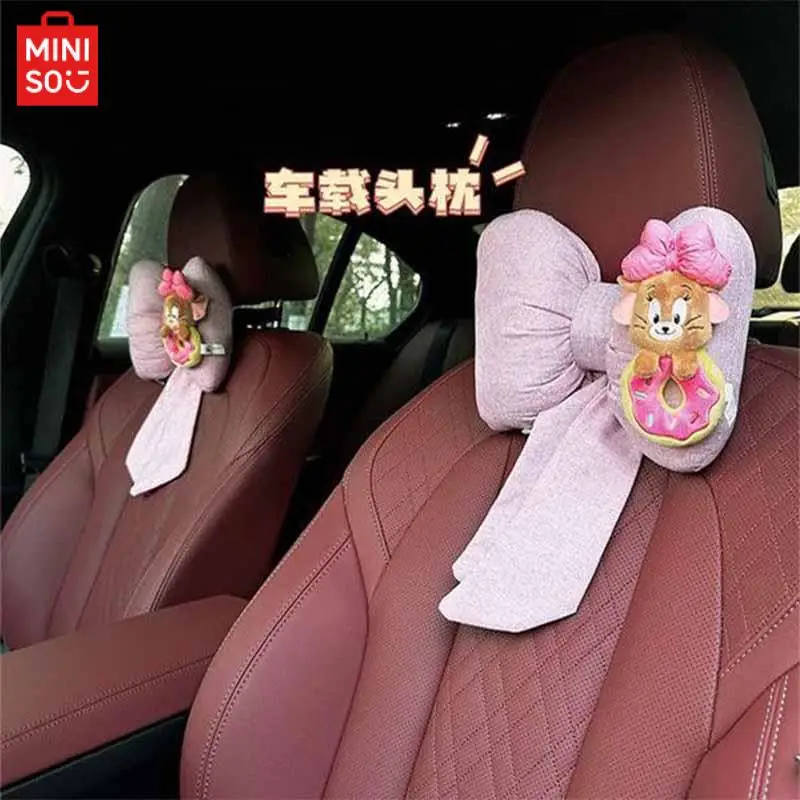 Miniso Kawaii decoración para reposacabezas de coche, Tom y Jerry, dibujos animados de Anime, lindo Lazo, almohada para el cuello, Gato y ratón, accesorios para coche, regalos para niñas