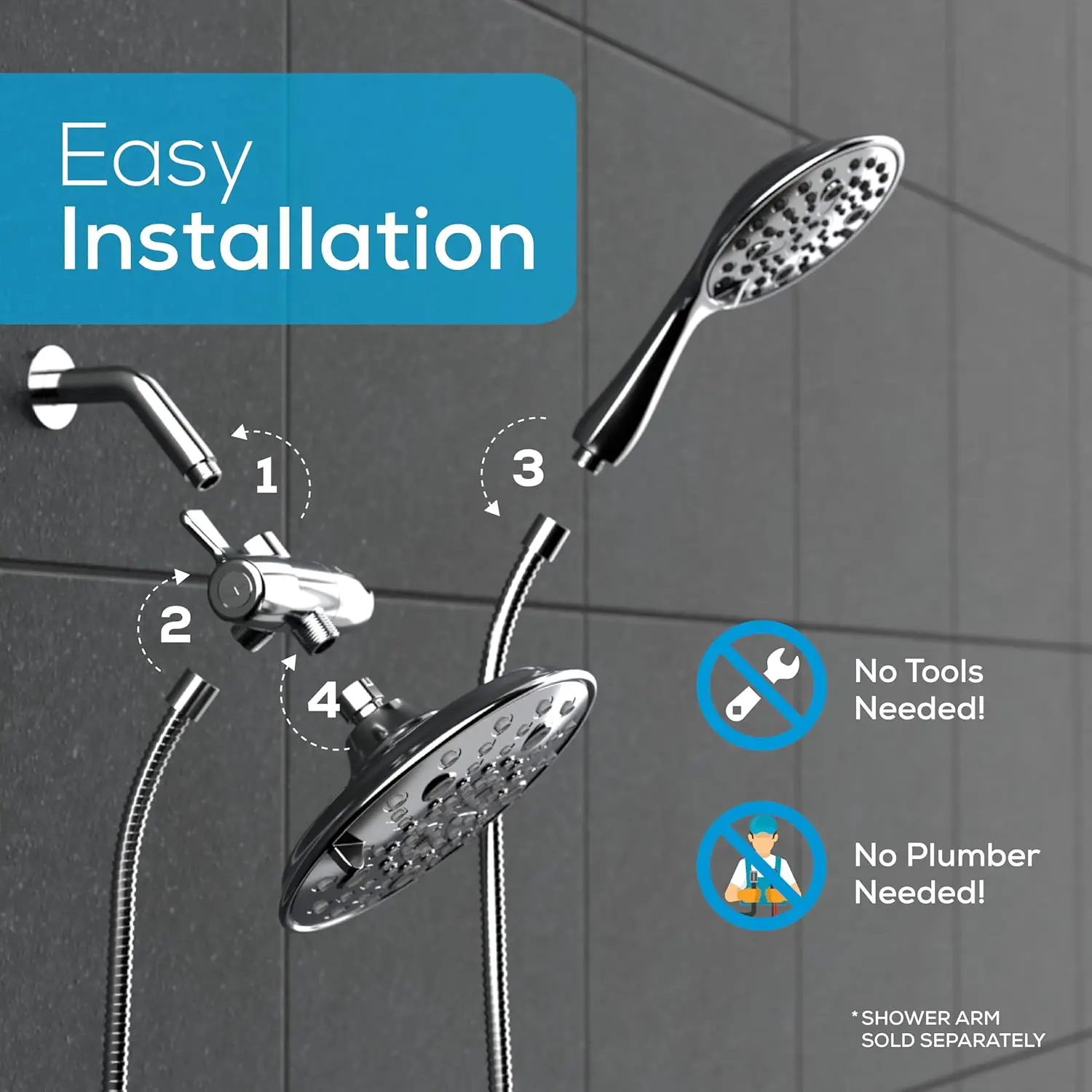 デュアルシャワーヘッドコンボ - 8インチ高圧55モードレインフォール、ハンドヘルドスプレー付き、簡単設置