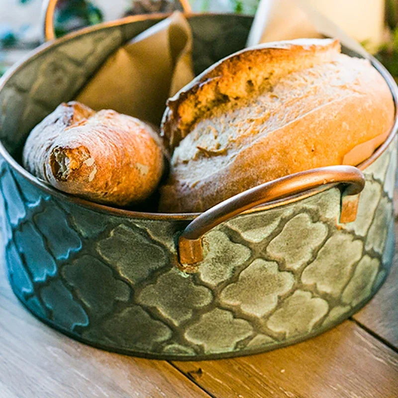 Iron Bread Basket Retro Antique Style Family Metal Storage Basket Fruit Container Fried Vintage Tray with Handle Home Decoration