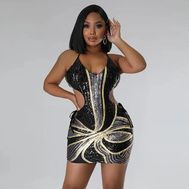 Lace up neck hanging sleeveless sequin dress hip hugging mini skirt party fashion preferred formal dress banquet dress