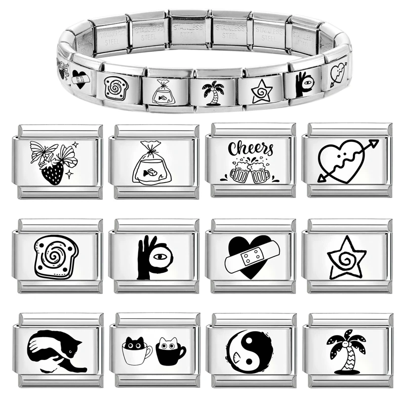 النقش بالليزر القلب الشاطئ تاي تشي الشفاه الإيطالية سحر الروابط صالح 9 مللي متر سوار الفولاذ المقاوم للصدأ DIY صنع المجوهرات الهدايا