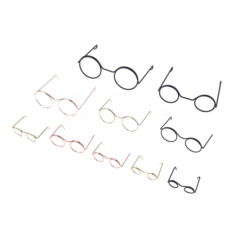 Óculos de metal miniatura para boneca, óculos redondo Frame, óculos sem lentes, brinquedo retro, óculos boneca, DIY vestir acessórios, 5pcs