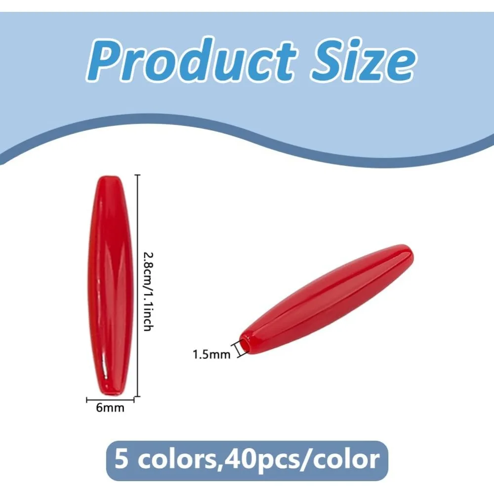 200Pcs 5 Colors Spaghetti Beads Bulk 28x6mm Opaque Acrylic Oval Spacer Beads Colorful Bicone Loose Bead Smooth Barrel Bead