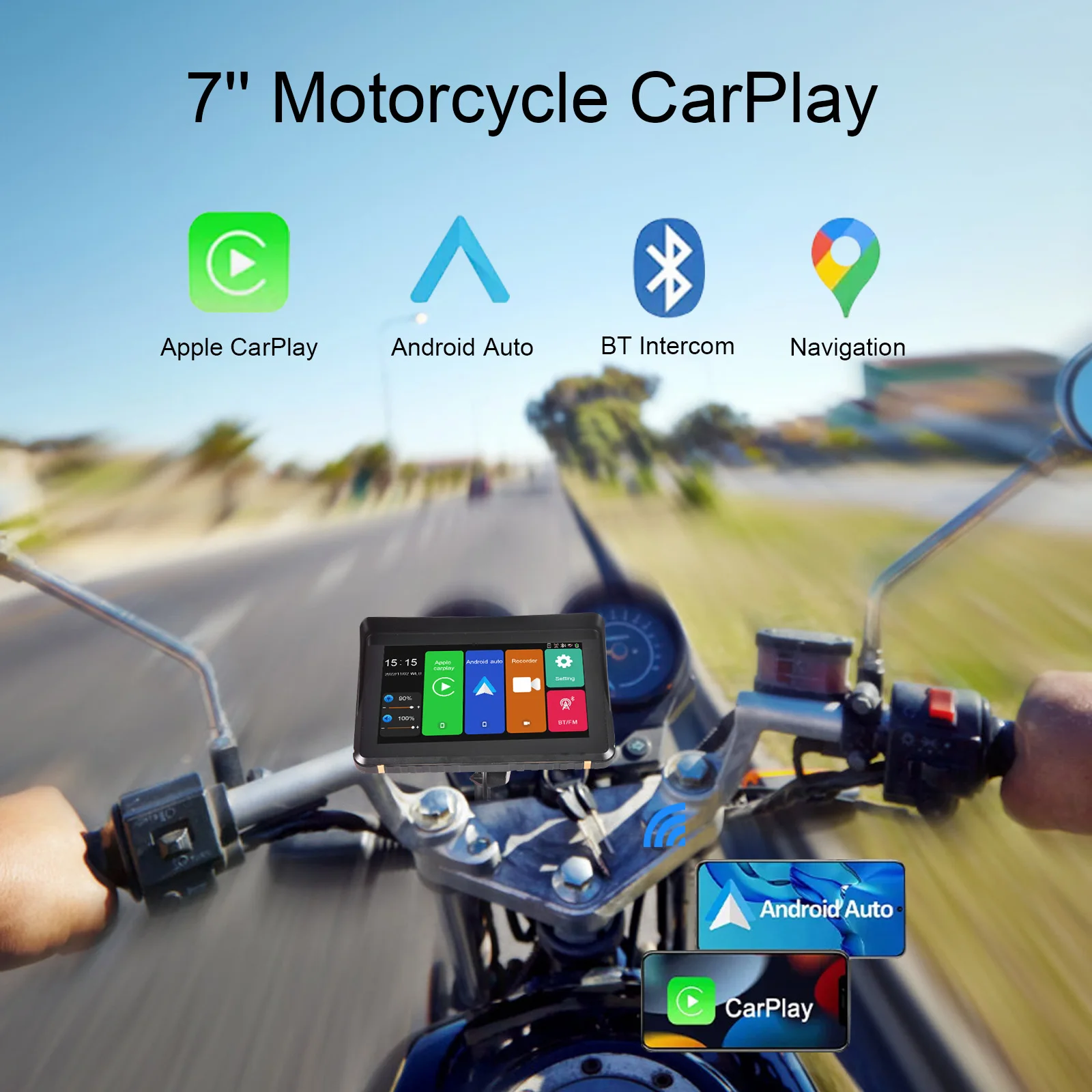 Motocicleta Carplay sem fio, monitor impermeável, Android Auto Bluetooth, suporte sem fio CarPlay e 7"