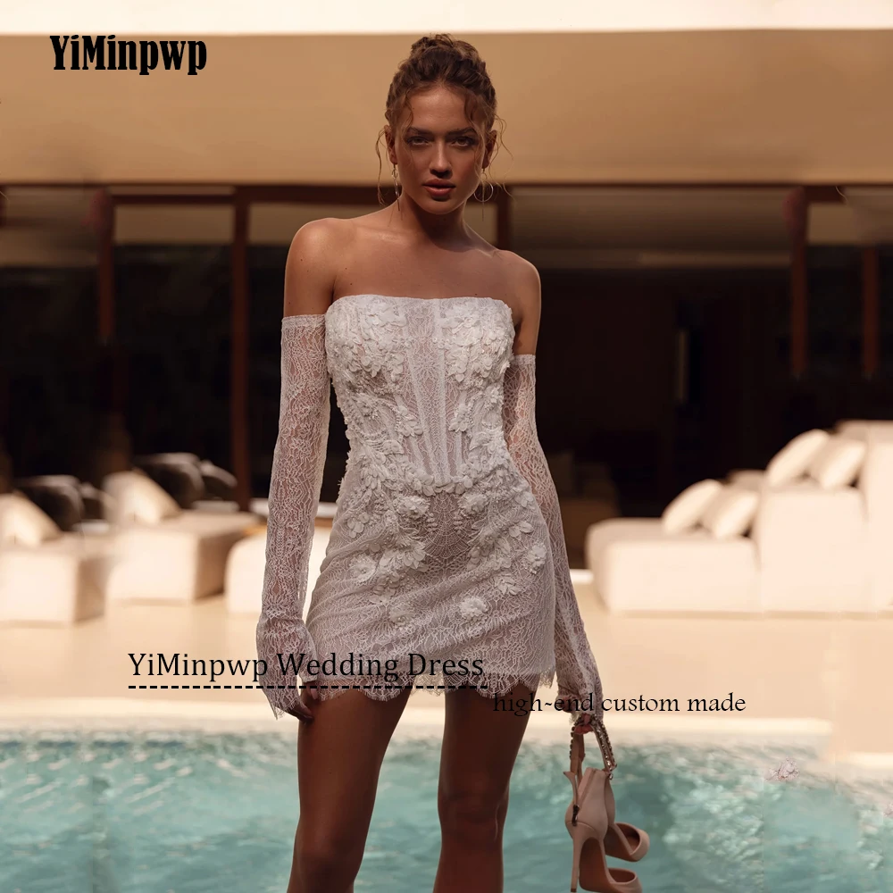 Mini vestido de novia de flores, manga desmontable, encaje recto, vestidos de novia por encima de la rodilla, apliques después del vestido de fiesta personalizado