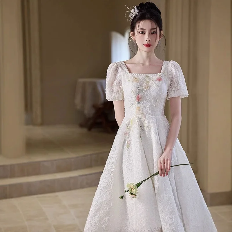 2026 New Style French Style Squre Collar Evening Gown For Graduation Season Quinceanera White Flower Party Dress Customized