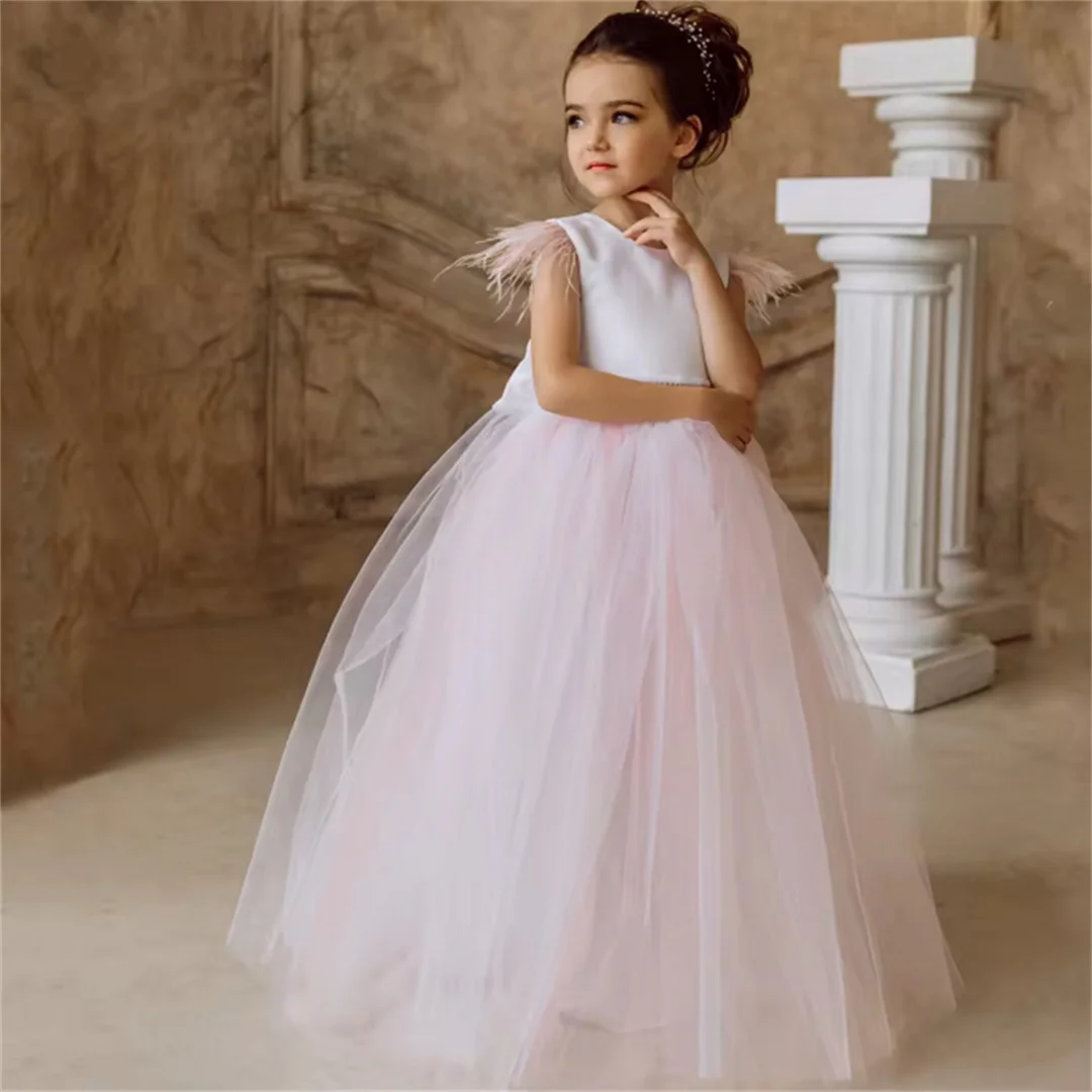 Customized Flower Girl Dresses Pink Tulle With Bow Belt Feather Sleeve For Wedding Birthday Party Banquet Holy Communion