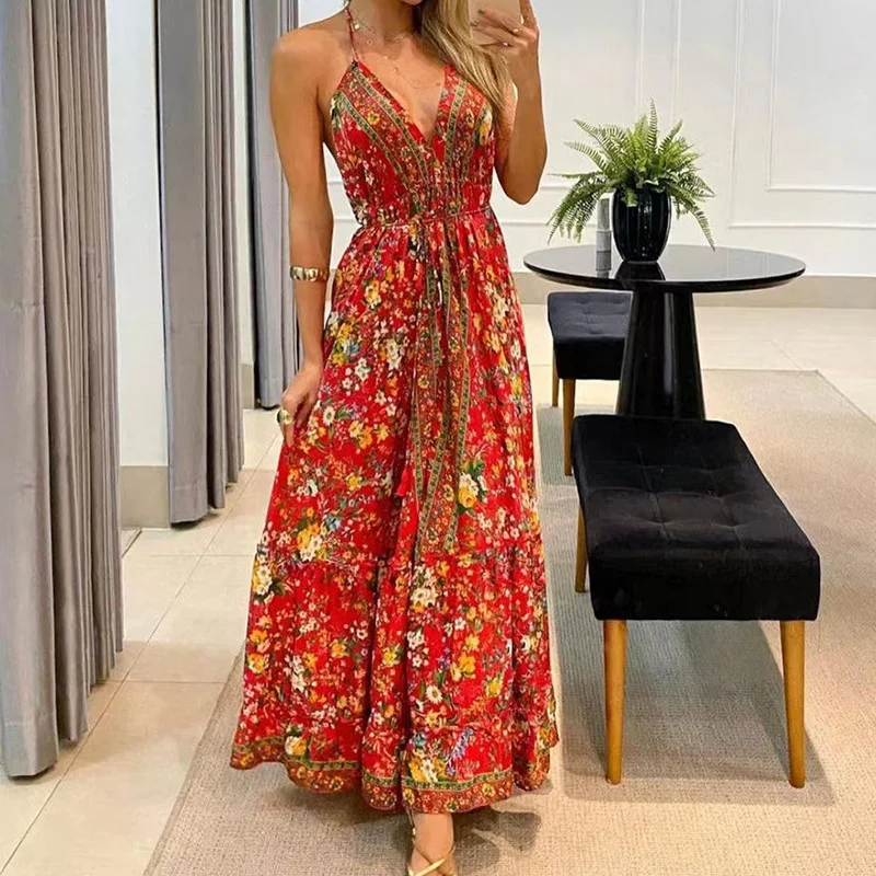 Vintage Printed Tie-up Bohe Suspender Dress Women Elegant V-neck Hight Split Long Dress Summer Sexy Sleeveless Beach Cover Up