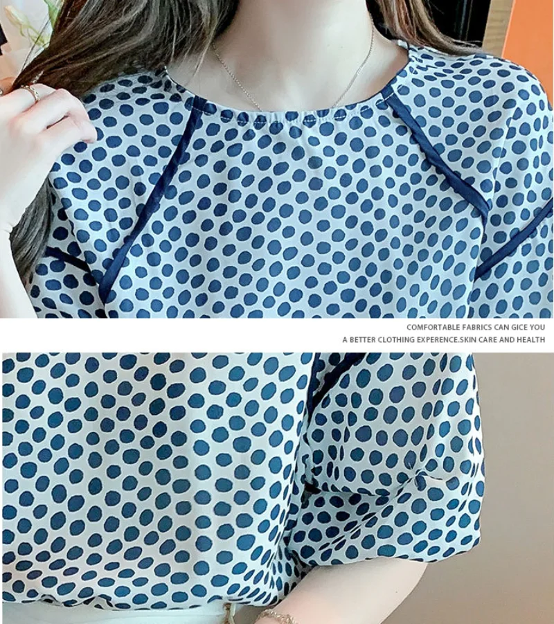 Womens Shirt & Blouse Elegant and Youth Clothes Blue Tops for Women Dots with Puffy Sleeves Social Korea Stylish Trend 2024 Cute