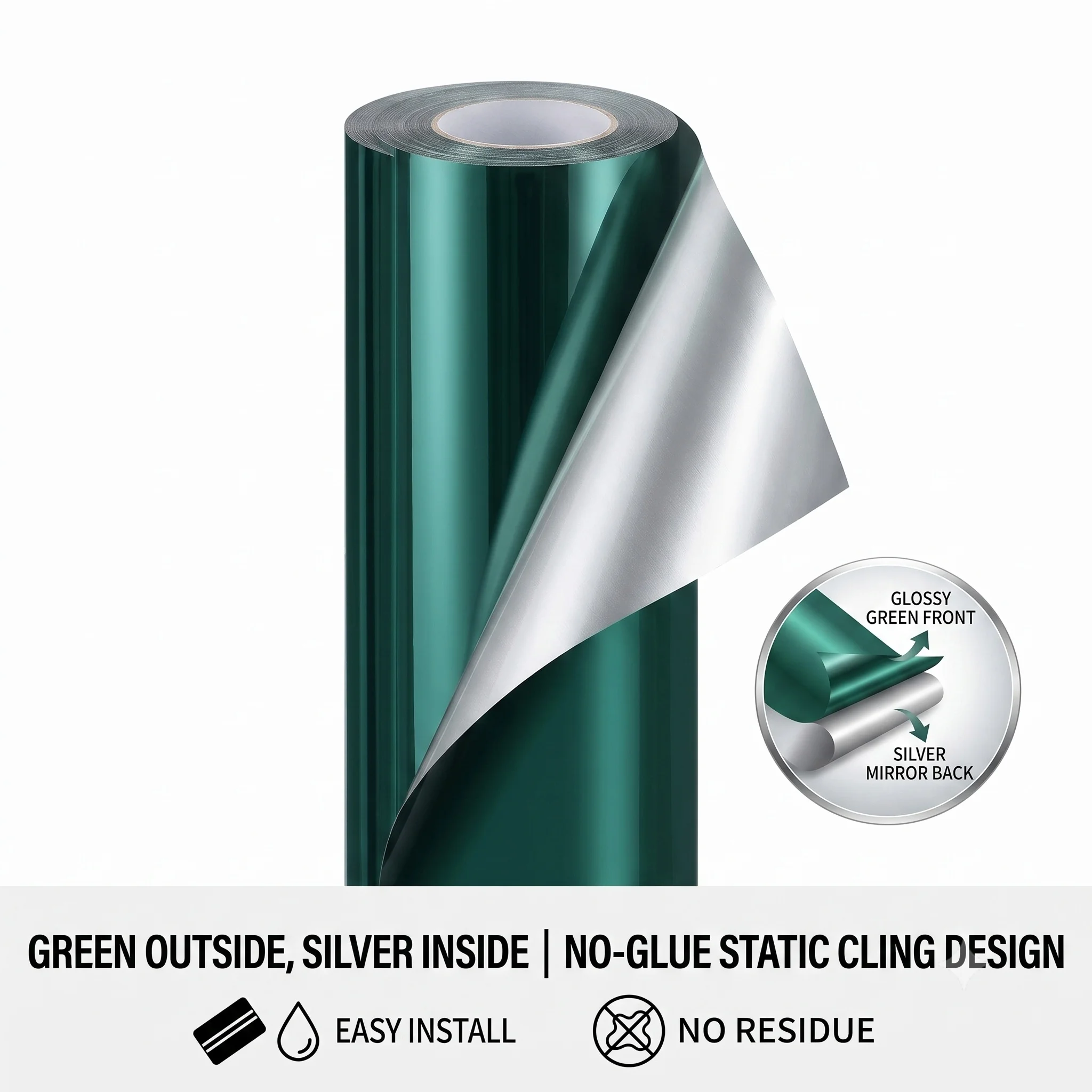 Green Silver Static Cling Window Film Privacy Window Tint One-Way Mirror No-Glue Heat & UV Blocking Removable Glass Sticker for
