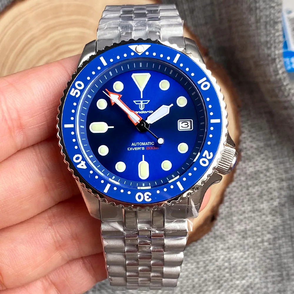 Imagem -02 - Relógio de Mergulho Mecânico para Homens Moldura Azul Mão Laranja Modelo Skx 3.8 Crown Nh35 Movt 120 200m Relógio à Prova Dágua Tandorio-nh35a