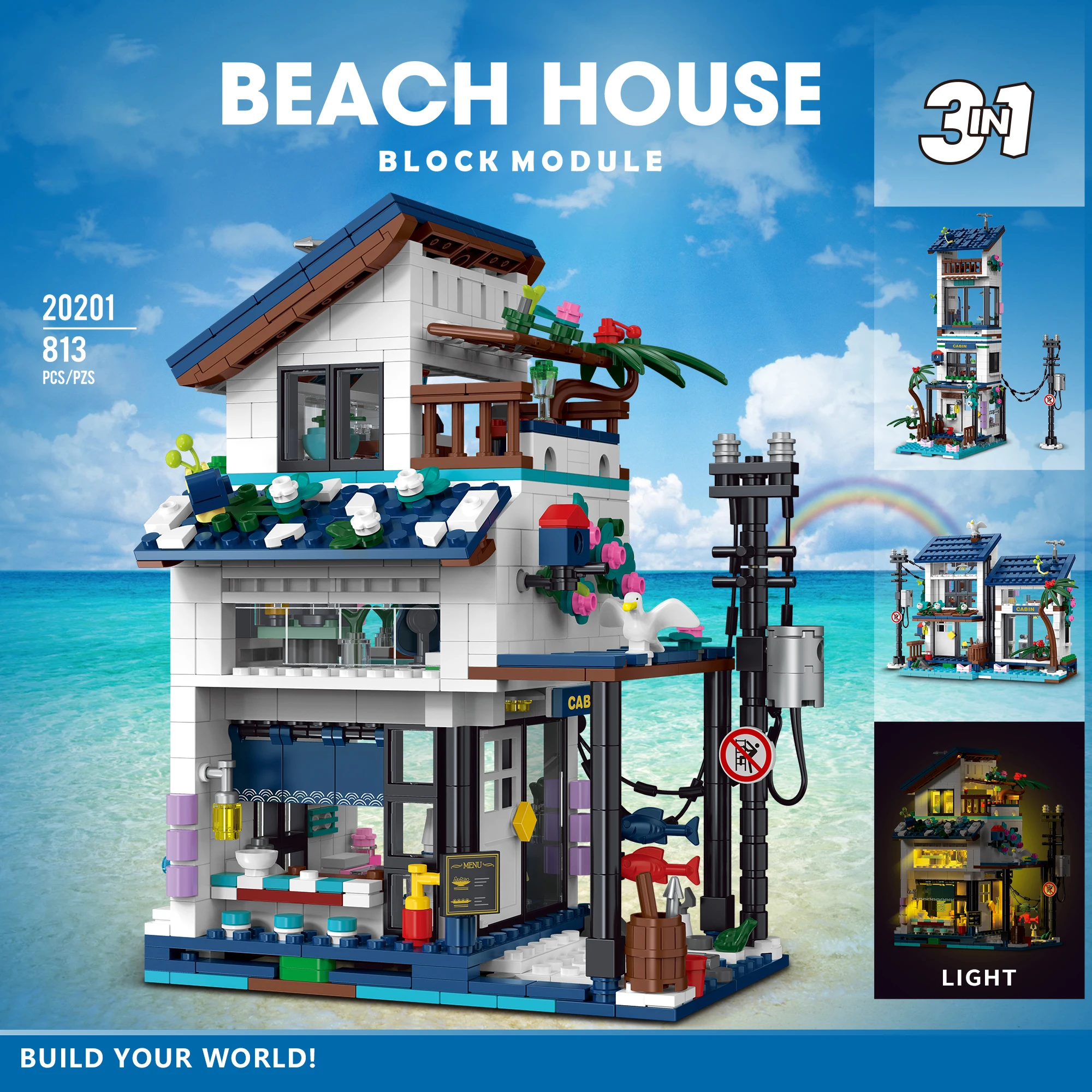 

3-in-1 Seaside Villa Building Blocks Toys Set, DIY Architectural Model Street Scene Assembly Toy, Children's Holiday Toy Gift