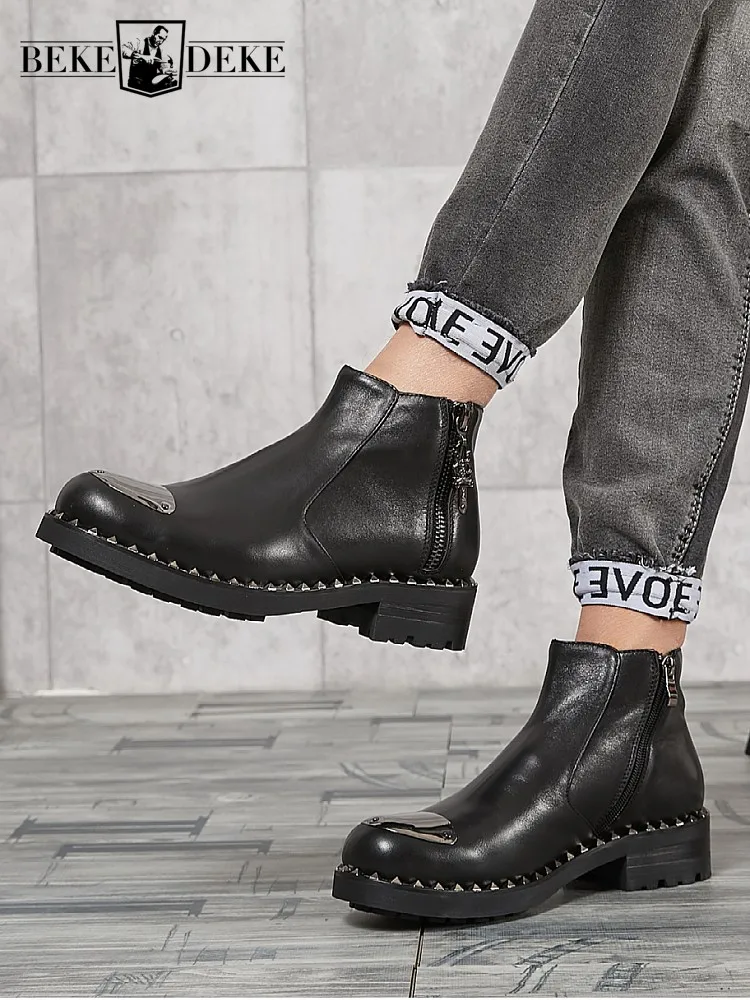 Fashion Short Boots Genuine Leather Mens Boots Cowhide Platform Footwear Zipper Round Toe Rivets Handmade Punk Motorcycle Shoes