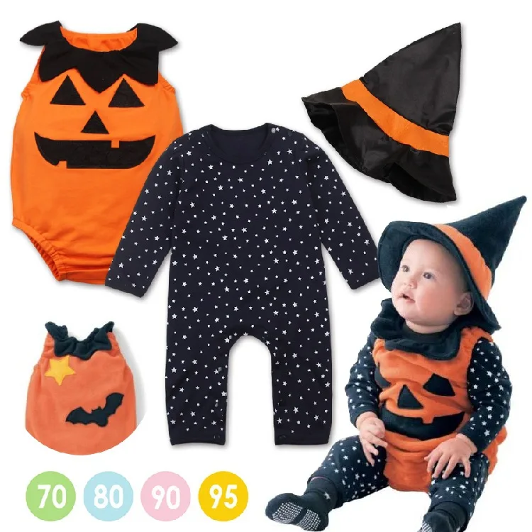 Happy Halloween Pumpkin Romper Bodysuit 3 Piece Set Baby Costume Cosplay With Hat Party Outfit Cute Newborn Clothes Gift