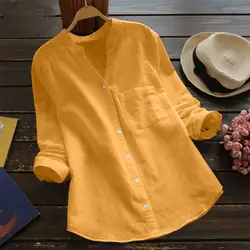 Women's Casual Retro Cotton And Linen Shirts Loose Solid Color V-neck Cardigan Button ladies Yellow White Autumn Shirt Tops