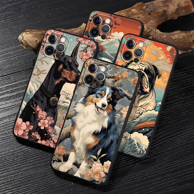 Dog Shepherd Bulldog Ukiyo-E Style Funda For iphone 15 Pro Max Case For iPhone 14 11 12 13 Mini 15 Pro 14Plus XS 8 SE Soft Cover