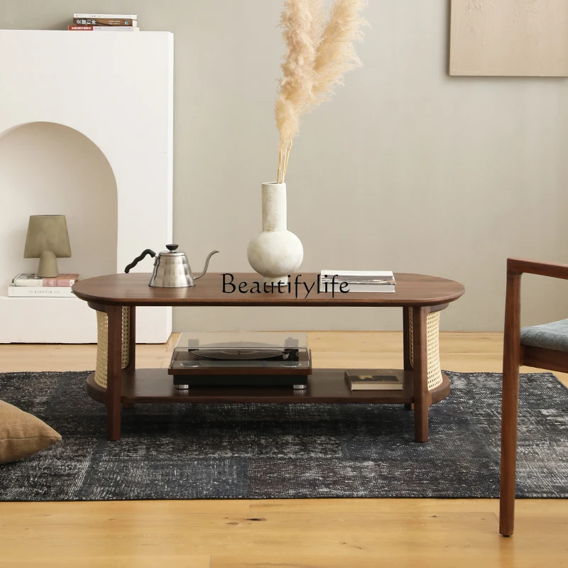 

02 Solid wood Japanese Nordic cherry rattan living room household black walnut coffee table