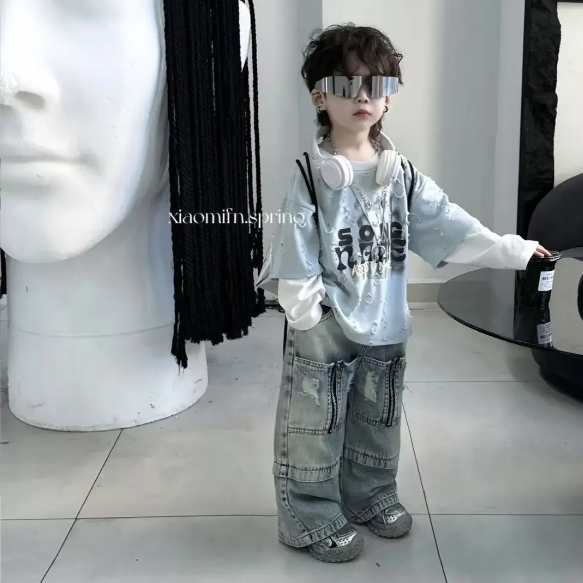 韓国子供服スーツ春秋男の子衣装長袖穴-tシャツ-ワイドレッグパンツ-2-個セット子供男の子