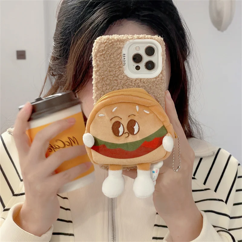 Korean Cute Plush Phone Case For iPhone 15 16 13 14 Pro Max Cover with Cartoon Hamburger Purse Wallet Kawaii Fluffy Cases 16pro