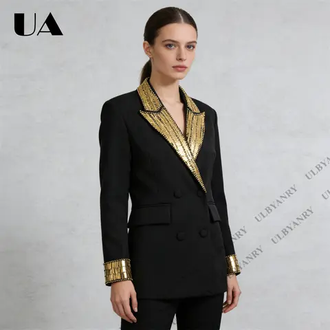 Women's Black Sequin-Embellished Double-Breasted Blazer with Gold Accents for Masquerade Ball Bold Stylish Dinner Suit Jacket