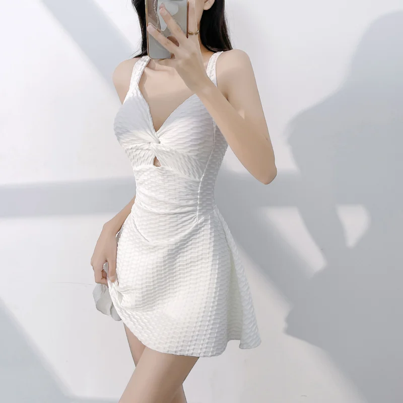 

Minsu 2025 New Sexy Hot Girl Tie Short Dress Hollow Out Dress Waist-Cinching Hot Spring Gathered One-Piece Swimsuit for Women