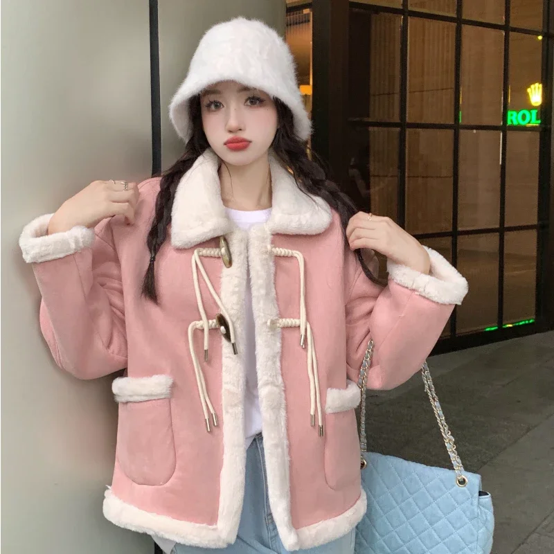 Cute Lamb Wool Short Cotton Women Biker Jacket Winter New Sweet Versatile Coats Female Students Casual Outwear