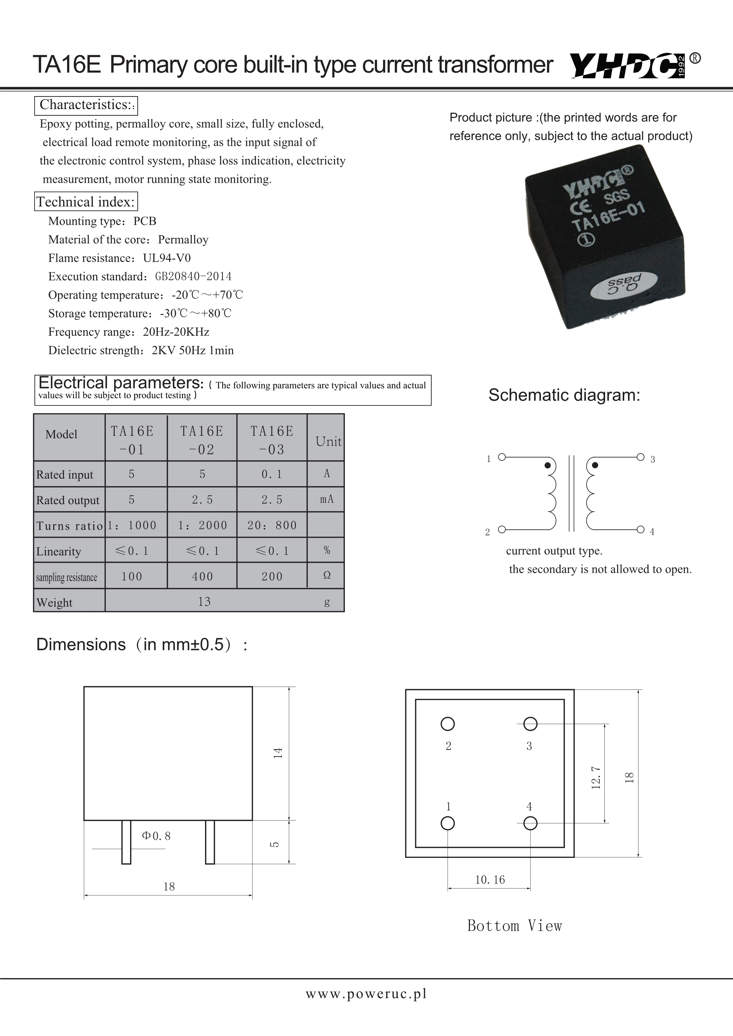 YHDC TA16E-01/02/03 Input 5A/5A/0.1A Output 5mA/2.5mA/2.5mA  PCB Welding Primary Core Built-in Type Current Transform